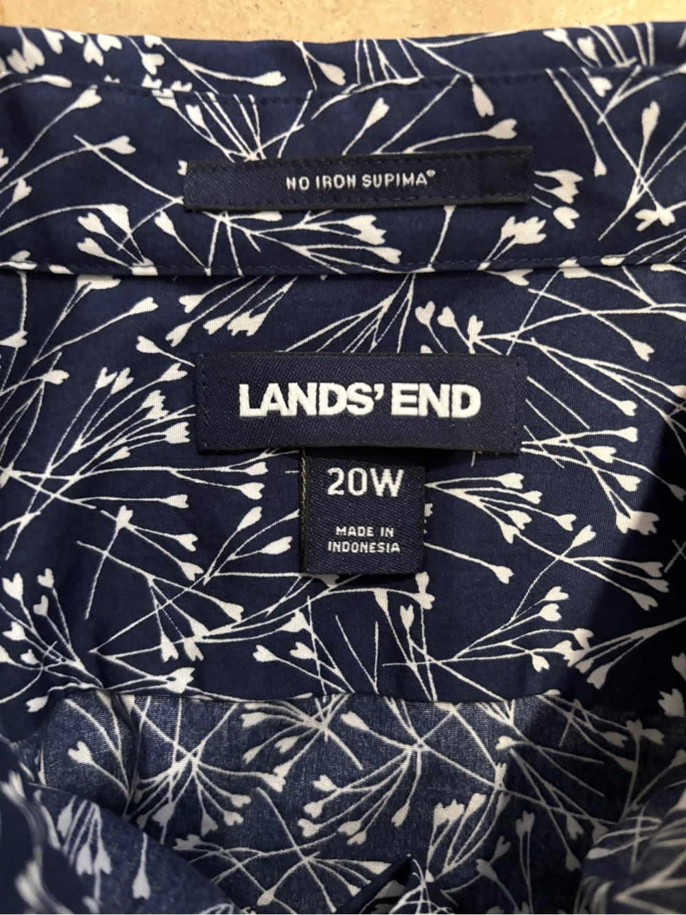 Lands' End Navy Blue Shirt with White Botanical Print